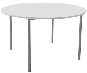 Canteen Table Round 1200 Dia, NZ-made, Melteca top, steel frame, for cafeterias, 5-year warranty.