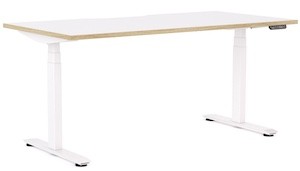 Height-adjustable Agile 2 Electric Desk 1200 WFWT: strong white frame, 25mm thick top with oak accents, promotes comfort in compact workspaces