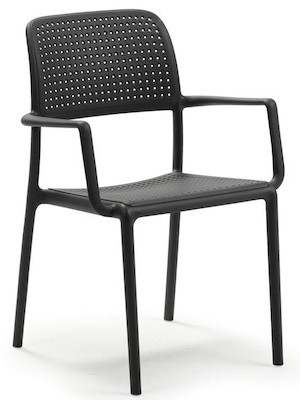 Charcoal Bora outdoor arm chair with perforated fibreglass resin seat, armrests and seamless tubular frame