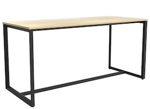 Anvil bar leaner 2200x900 with natural melamine top and black triangle steel frames