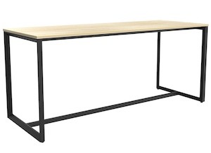 Anvil bar leaner 2400x900 with light oak top and black triangular steel end frames