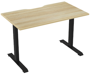 Haven Fixed Desk 1200x700 in oak melamine with scallop cable edge and black T-feet