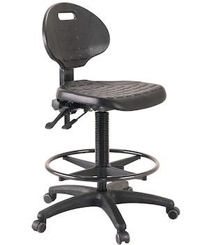 Lab Drafting Chair with moulded polyurethane seat, architectural footring, and 130kg load capacity.