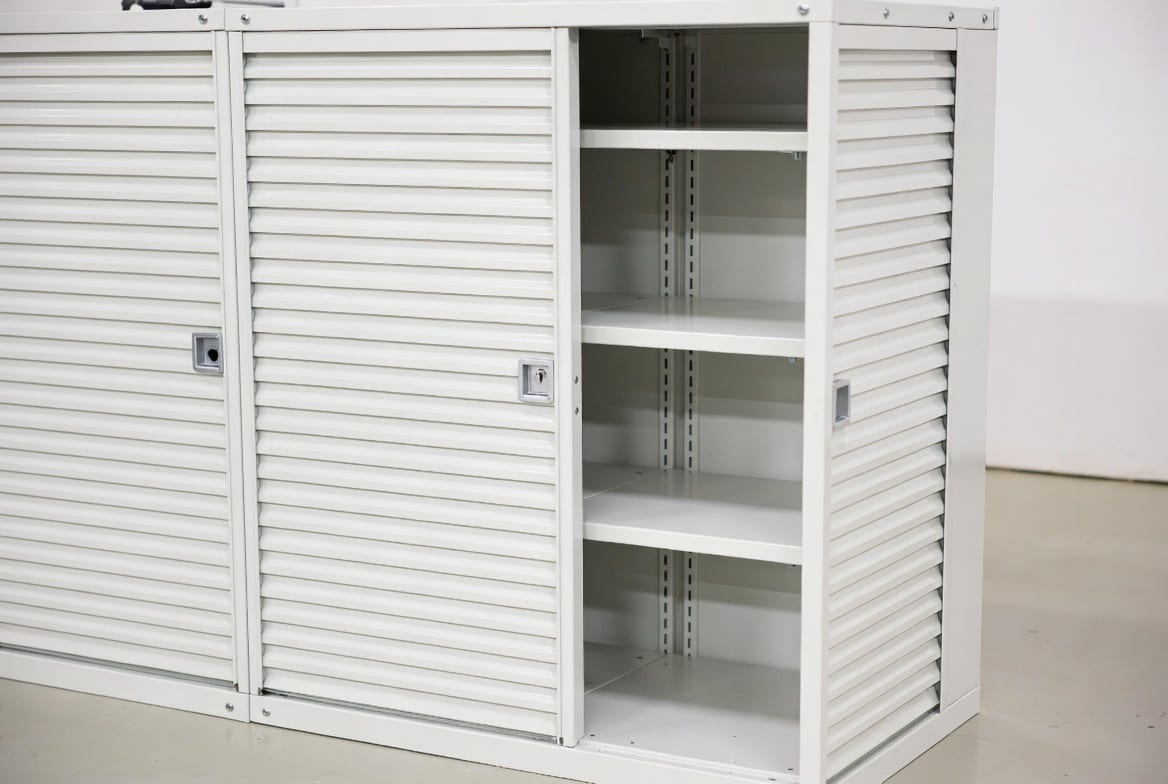 Practical lockable tambour cabinet with sliding doors for NZ commercial storage