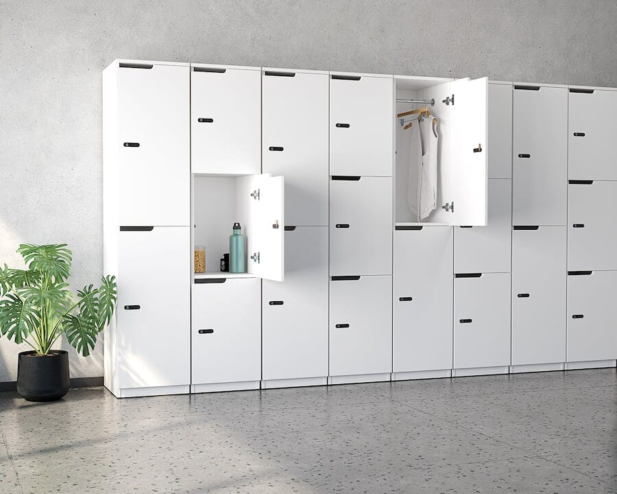 White melamine locker bank for commercial staff storage in an NZ workplace