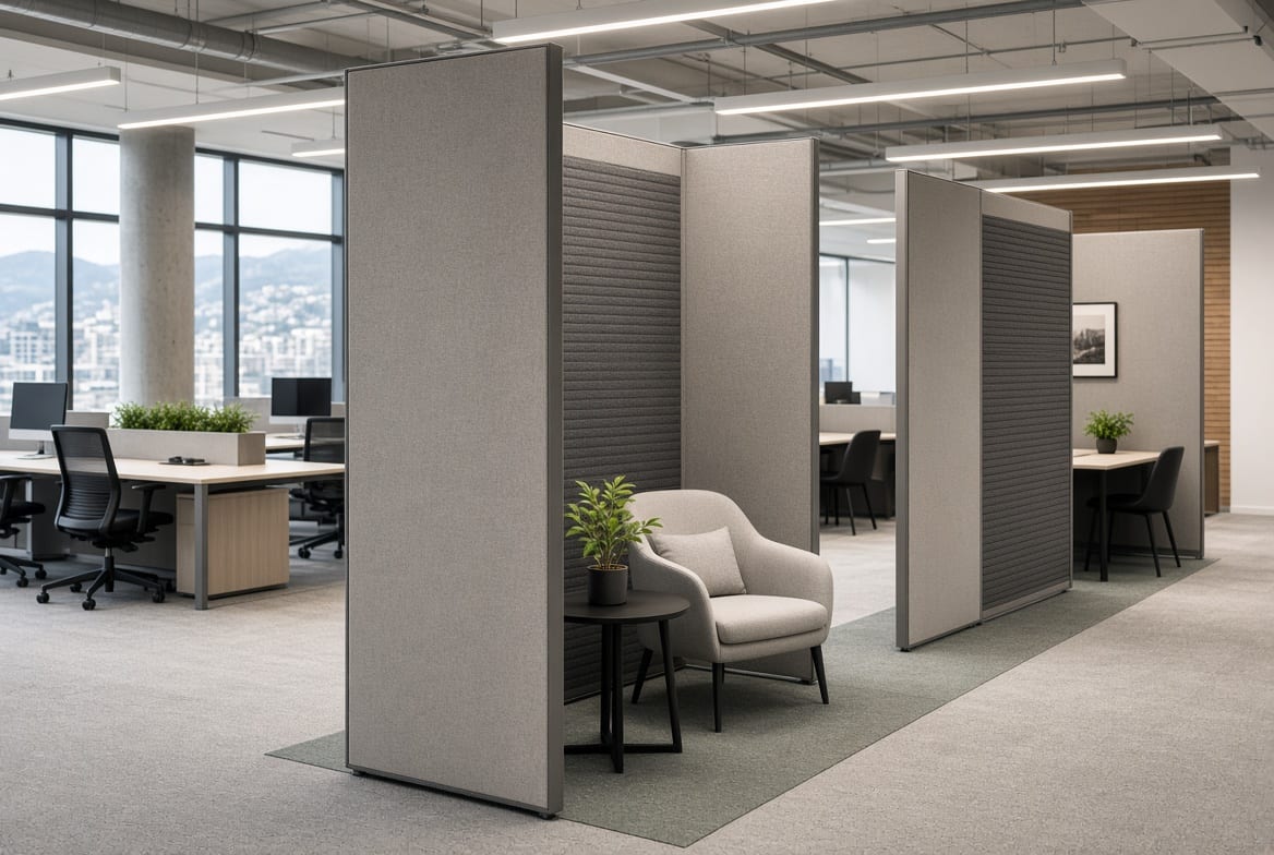 Freestanding office partitions and dividers used to create quiet zones in a commercial workplace