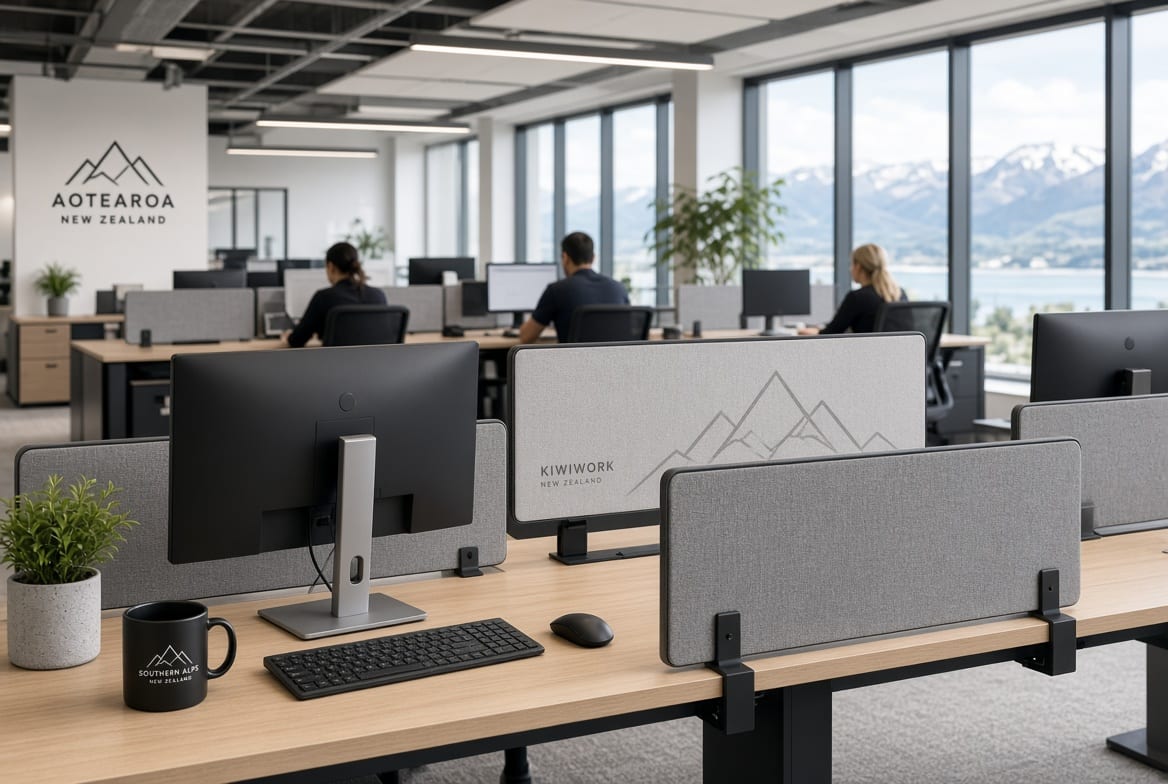 Desk-mounted office screens creating private workstations in a New Zealand open-plan office