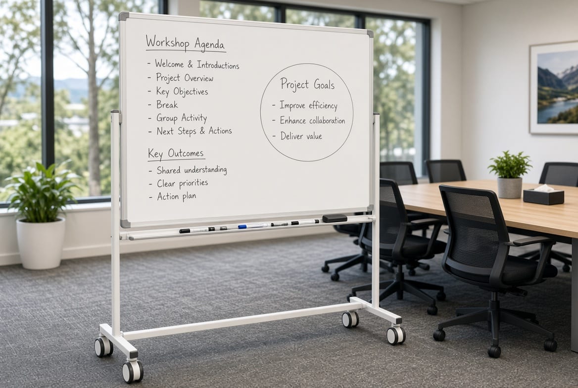 Large mobile whiteboard in a New Zealand office training room