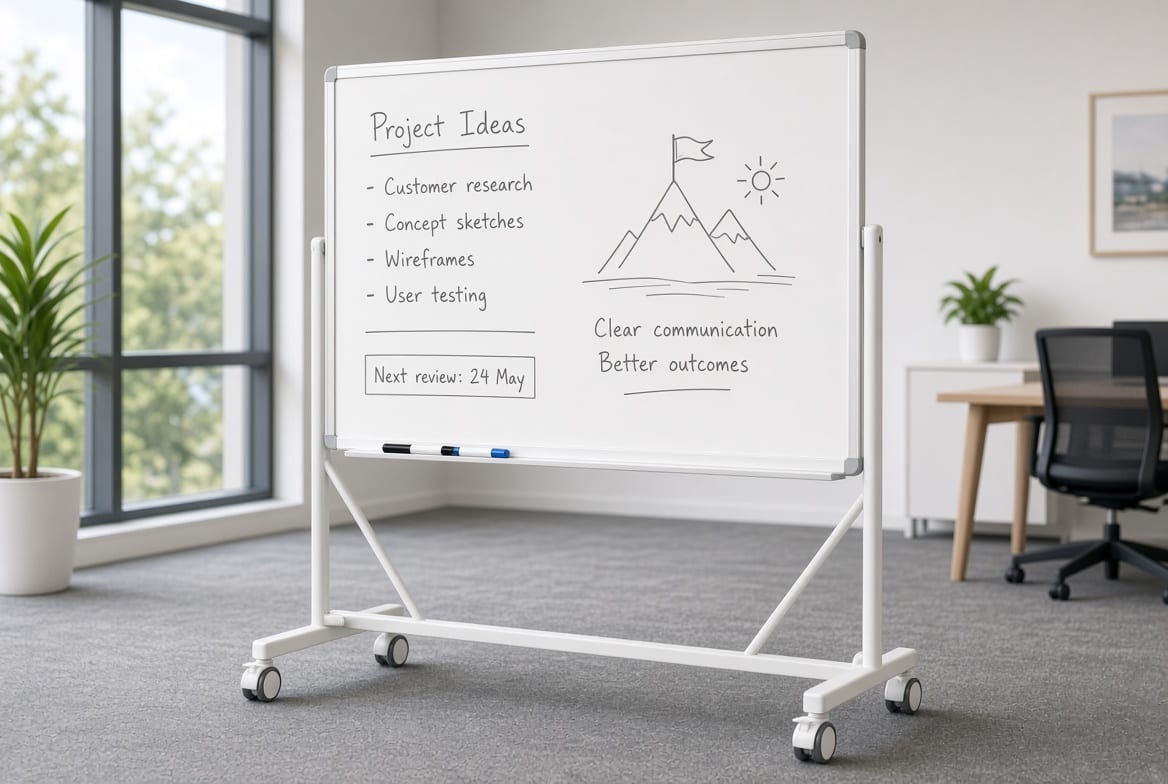 Mobile whiteboard on wheels NZ – double-sided magnetic board with lockable castors