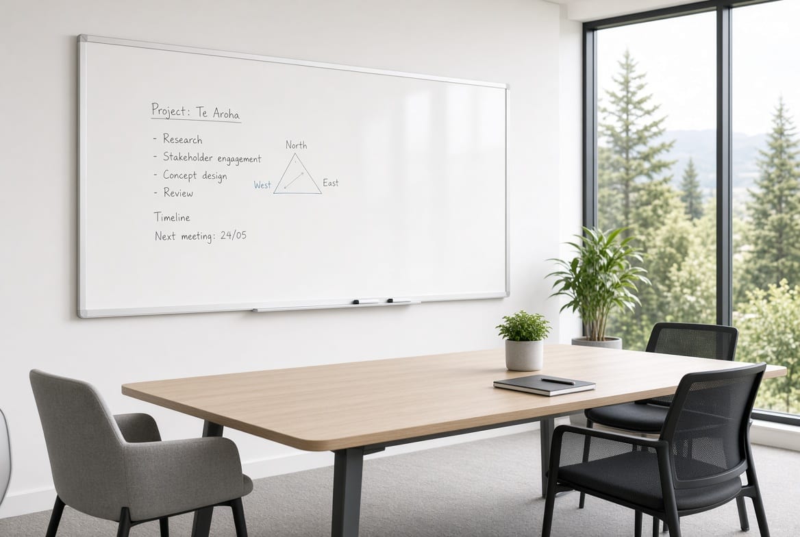 Large porcelain whiteboard mounted in a New Zealand office meeting room