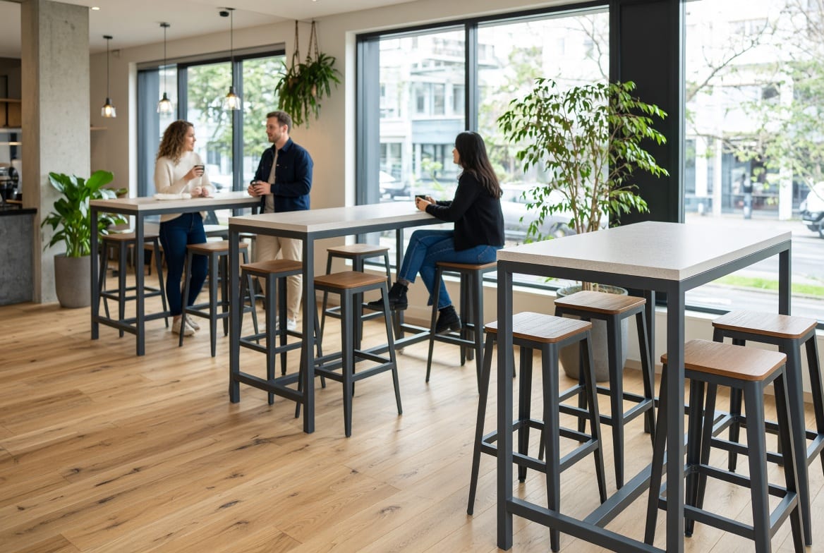 Commercial bar leaners and high tables in a New Zealand cafe setting with matching bar stools