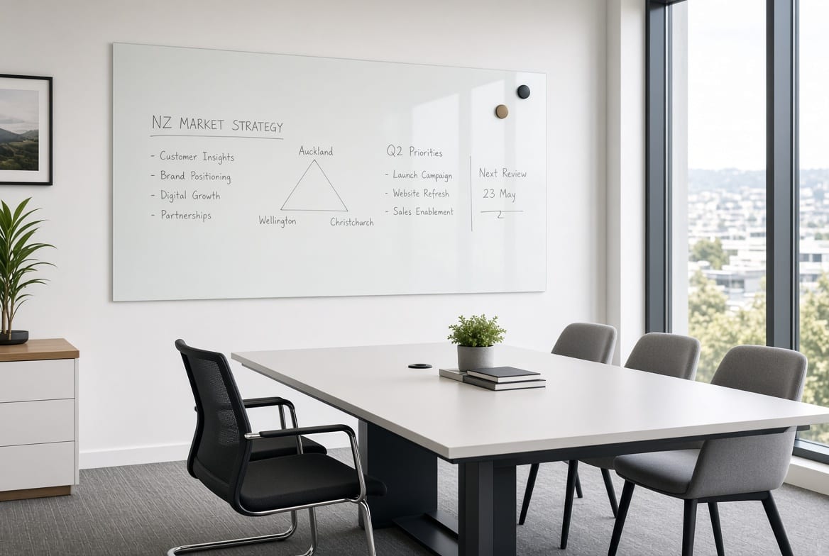 Modern glass whiteboard in New Zealand office meeting room