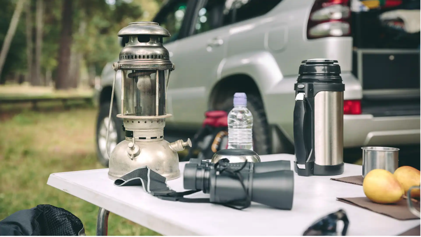 Foldable table on a camping trip, with supplies on top