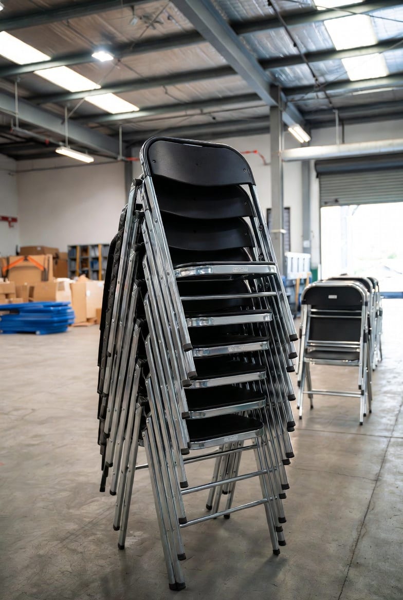 Stack of durable foldable chairs ready for events and functions in NZ