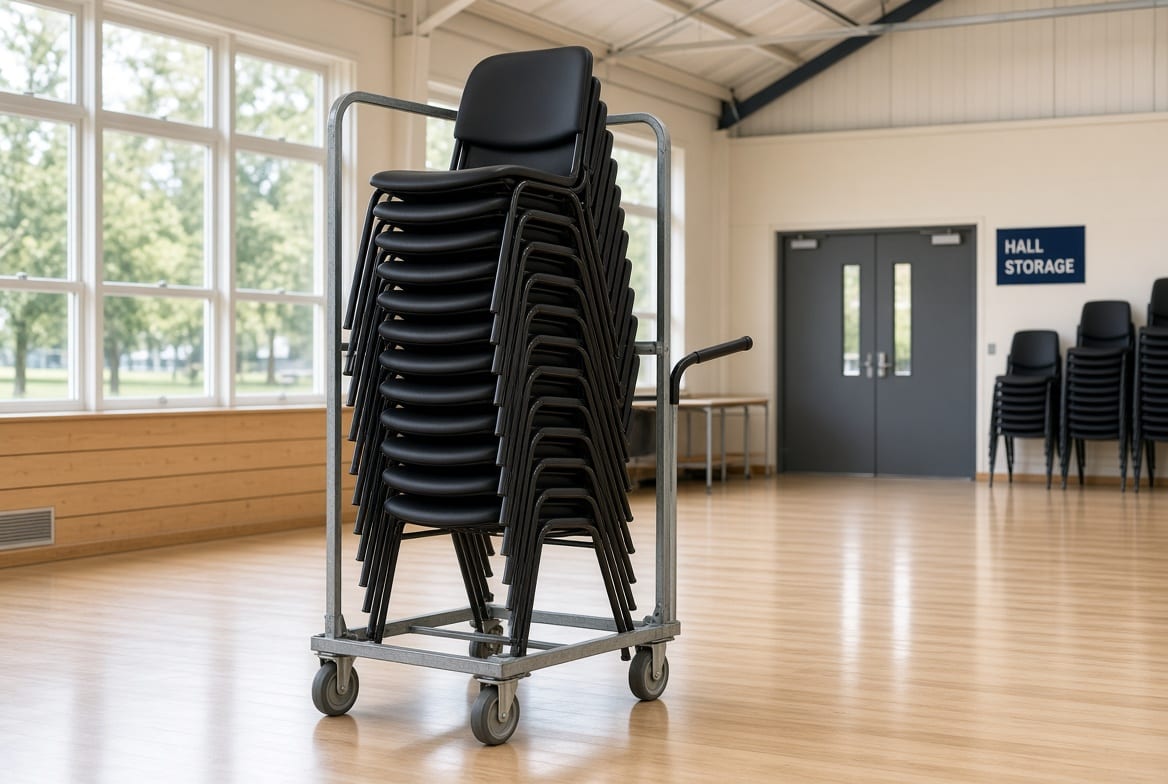 Matching chair trolley loaded with stacked commercial chairs for easy movement in NZ venues