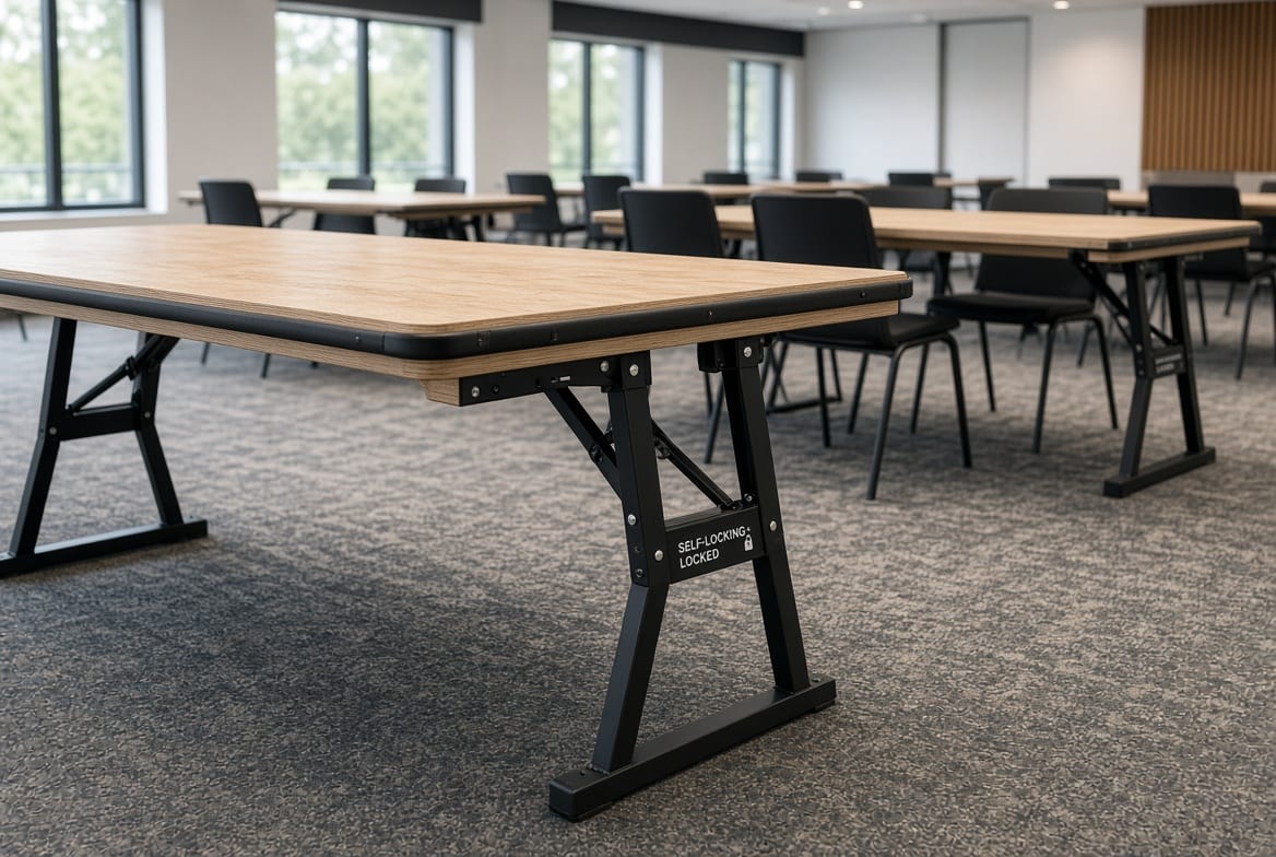Stable folding tables with self-locking legs ready for banquet setup