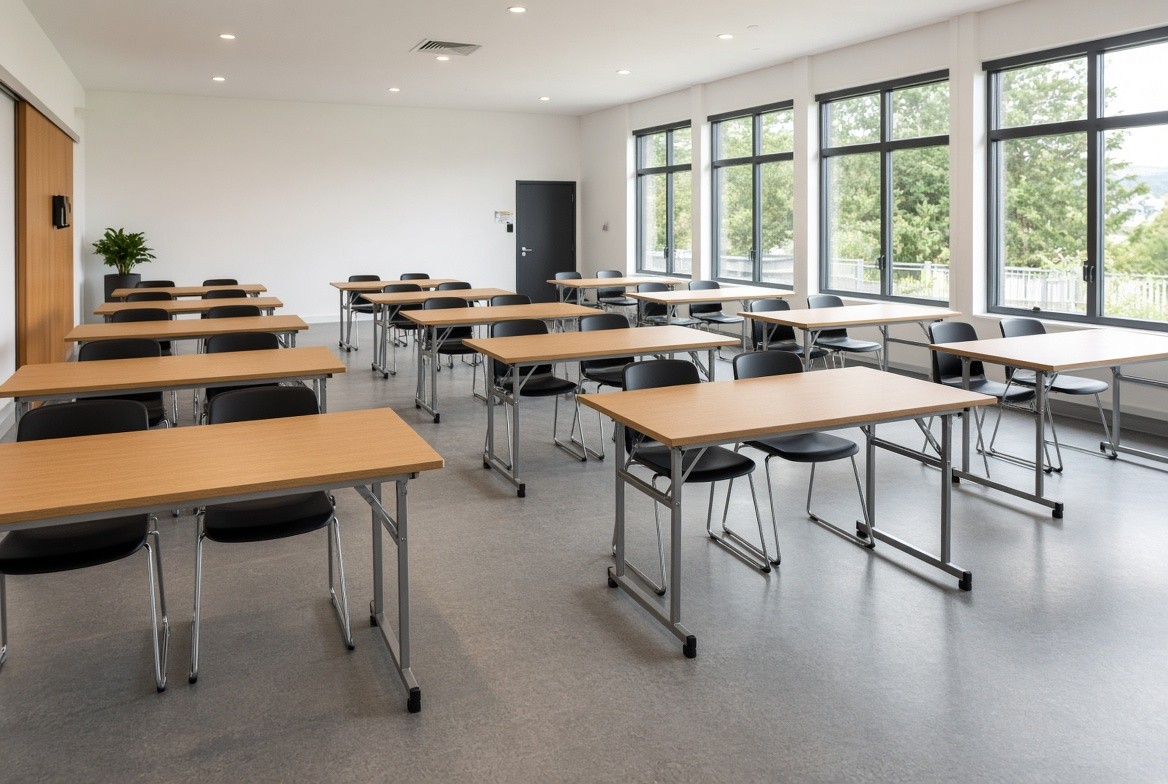 Commercial folding tables set up for an event in a New Zealand function centre