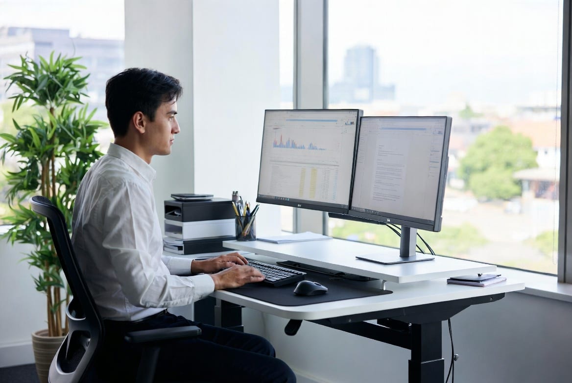 professional working at an electric sit-stand desk with dual monitors in bright office