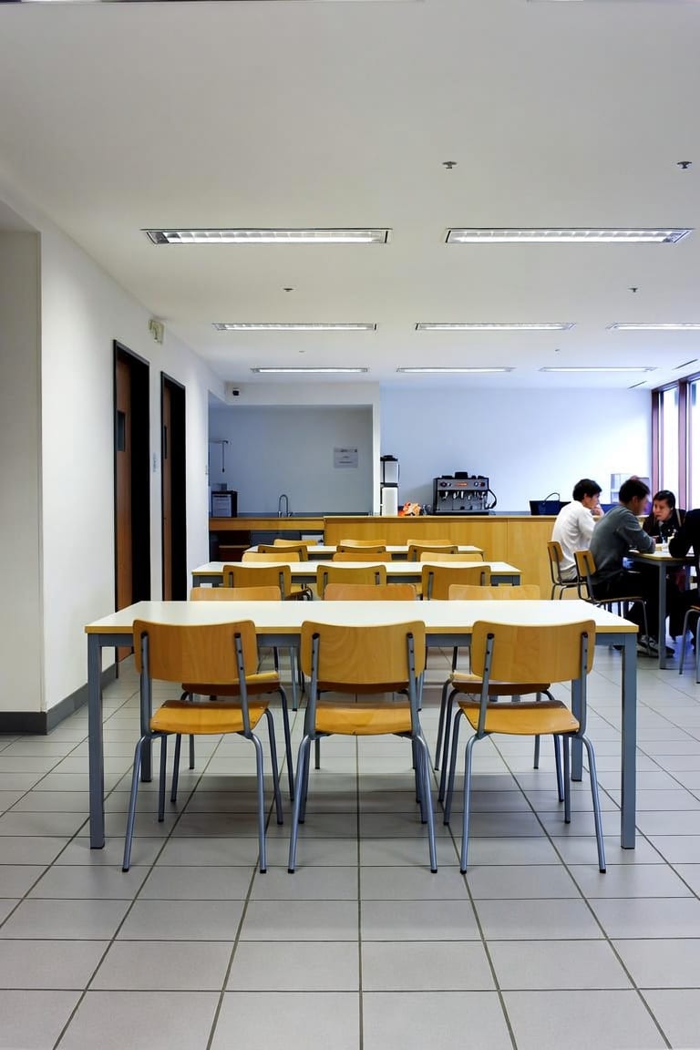 Durable canteen tables set up in staff lunchroom New Zealand office