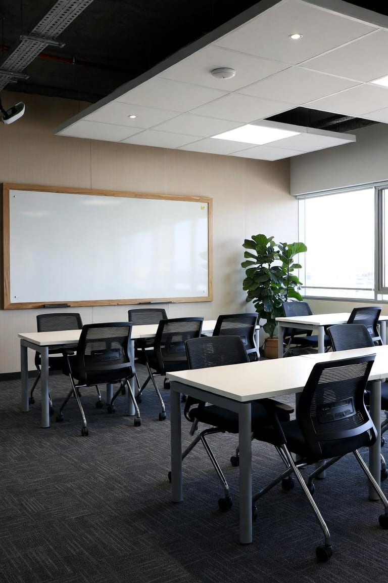 Modern office tables in professional New Zealand meeting room setting