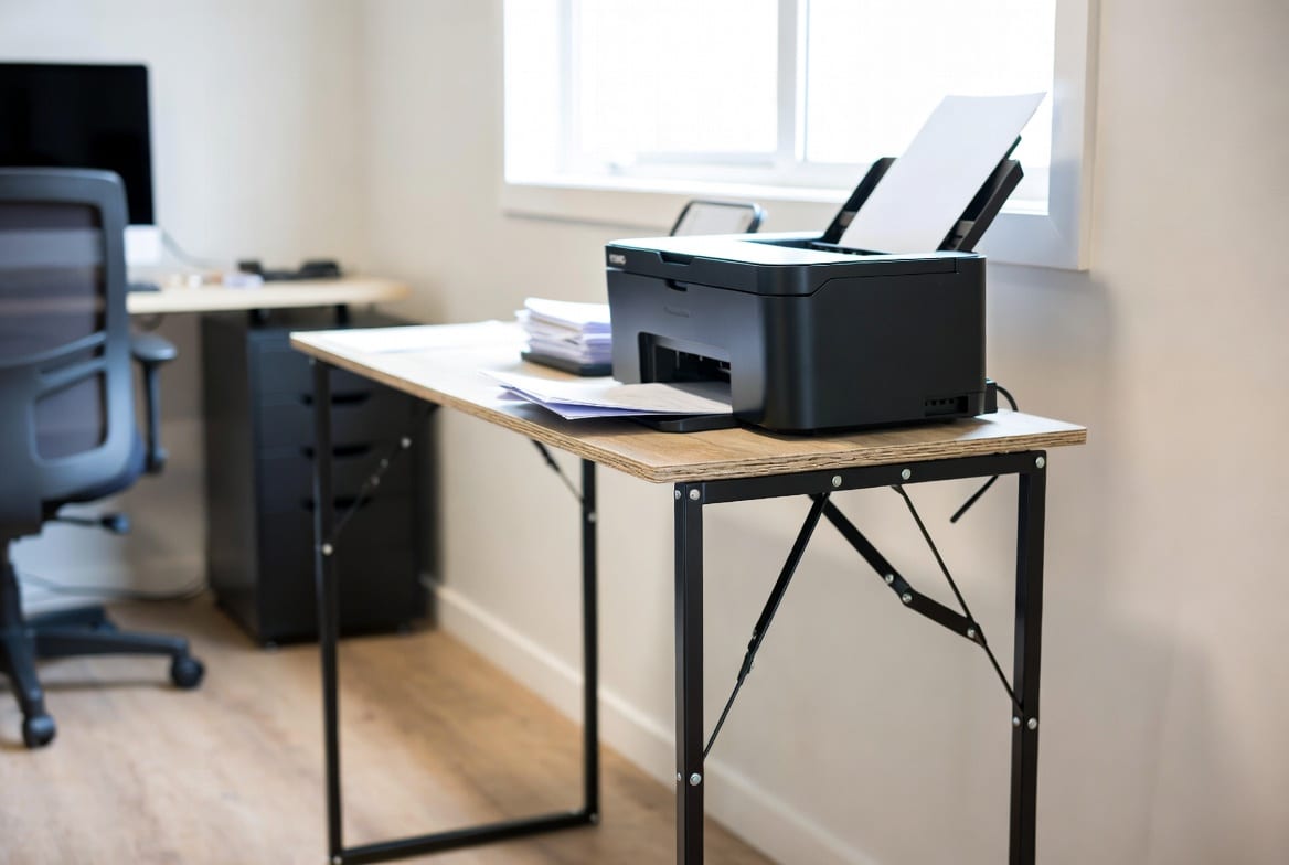Small folding table set up as secondary workstation in modern home office