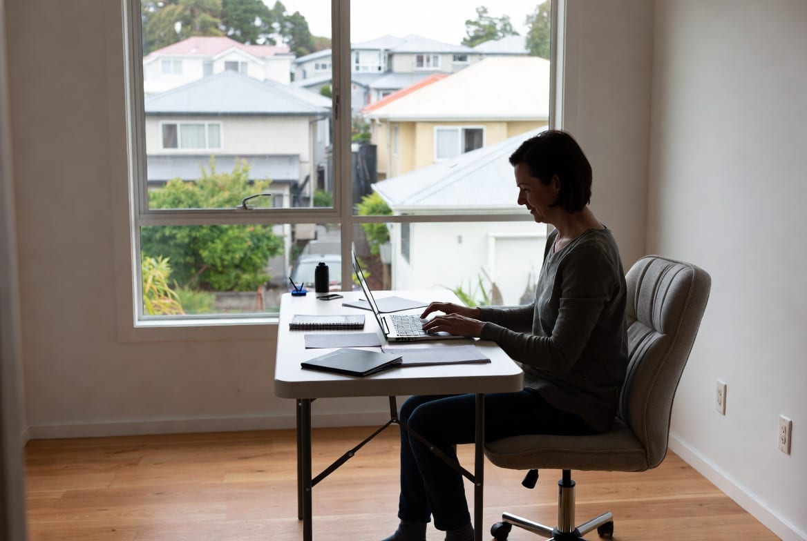 Person using a folding table as a productive home office desk in NZ