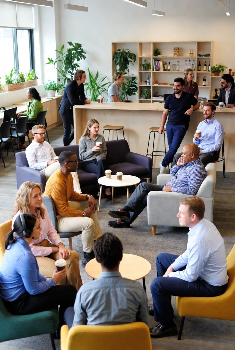 New Zealand office team relaxing and collaborating in a comfortable breakout space