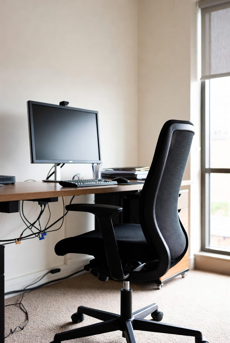 Professional office desk with ergonomic chair and good cable management in NZ office