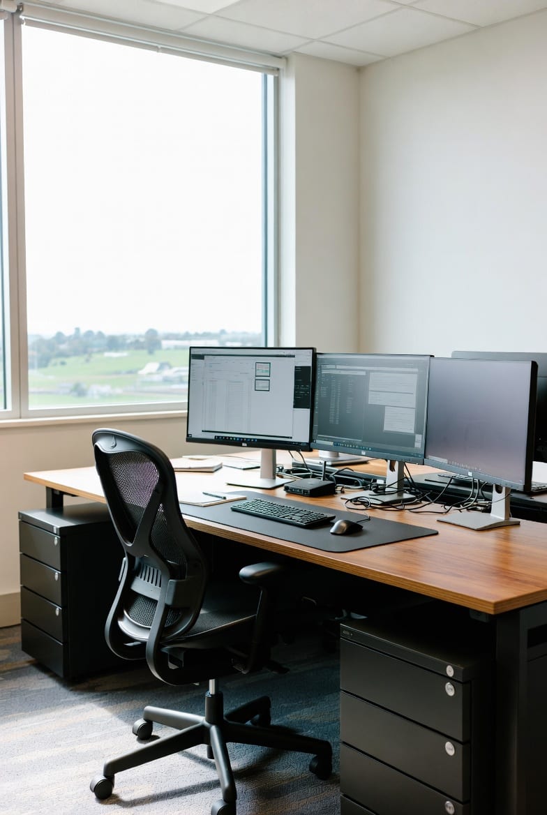 Modern office desk setup in bright professional NZ workspace