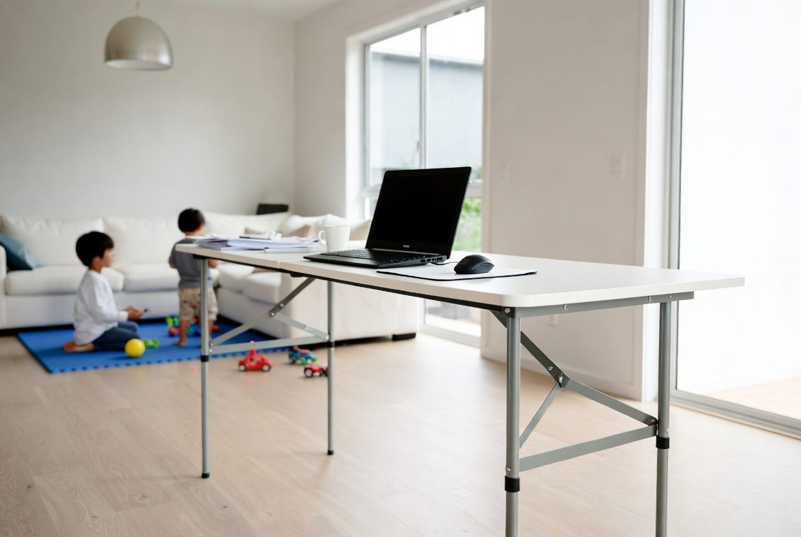 Folding table set up for home office and family activities in NZ home