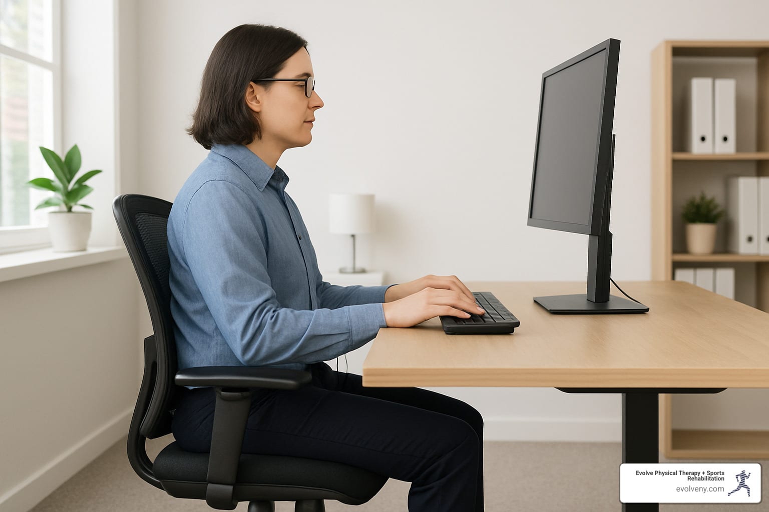 Person sitting with correct posture in an adjustable computer chair