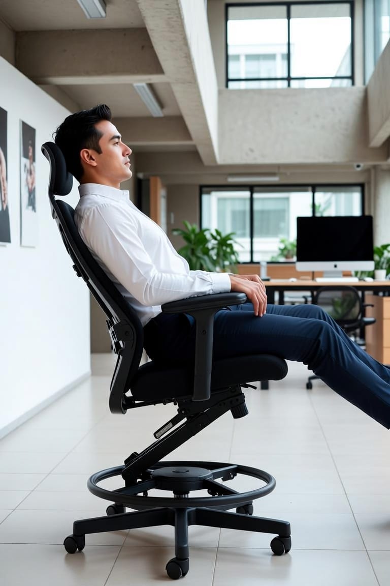 Person comfortably seated in adjustable high lift architectural office chair demonstrating ease of use