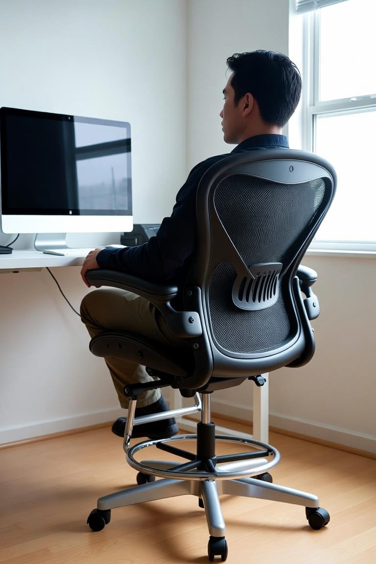 Satisfied customer using high lift architectural office chair at home workspace