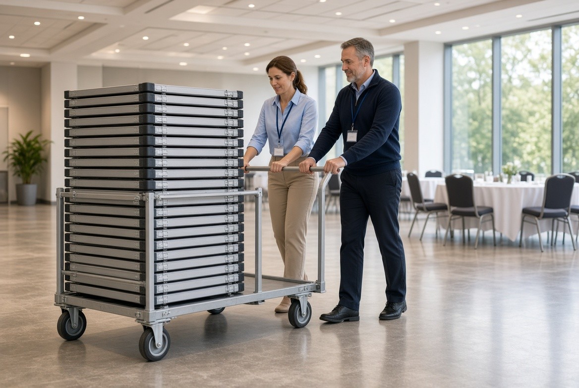 Staff moving multiple folding tables on a trolley in a function hall