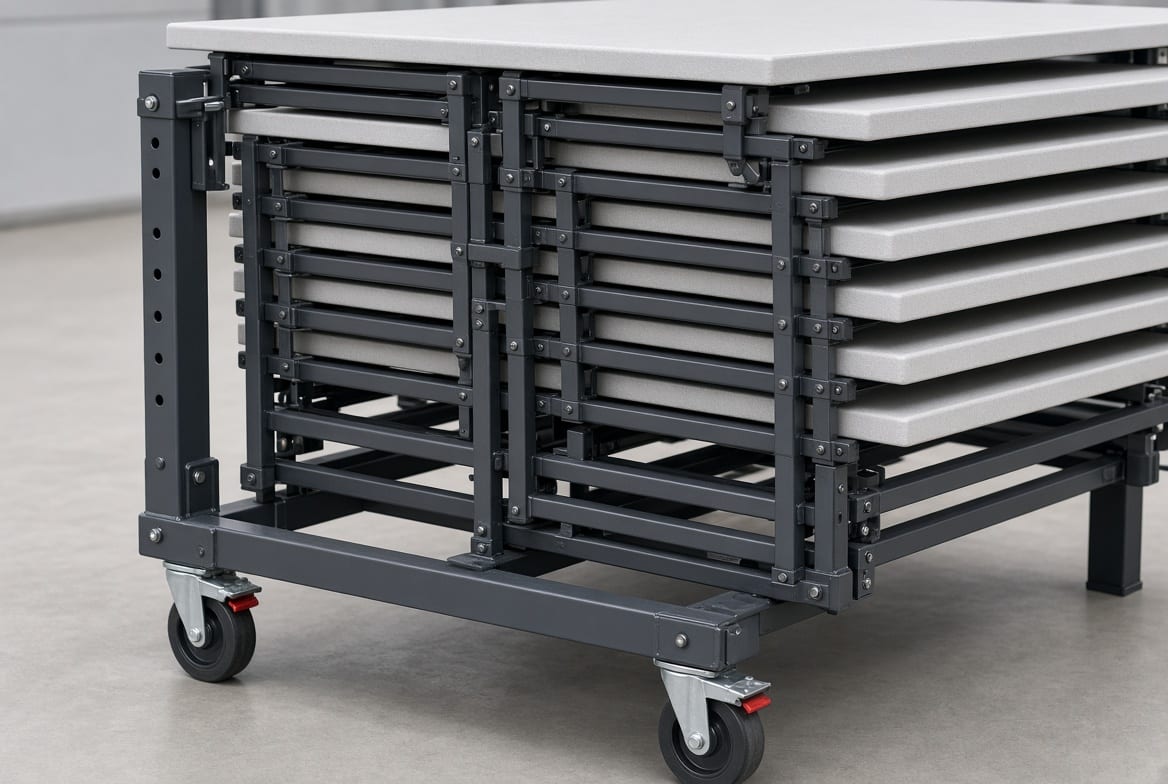 Close-up of tables stacked frame-to-frame on a heavy-duty folding table trolley