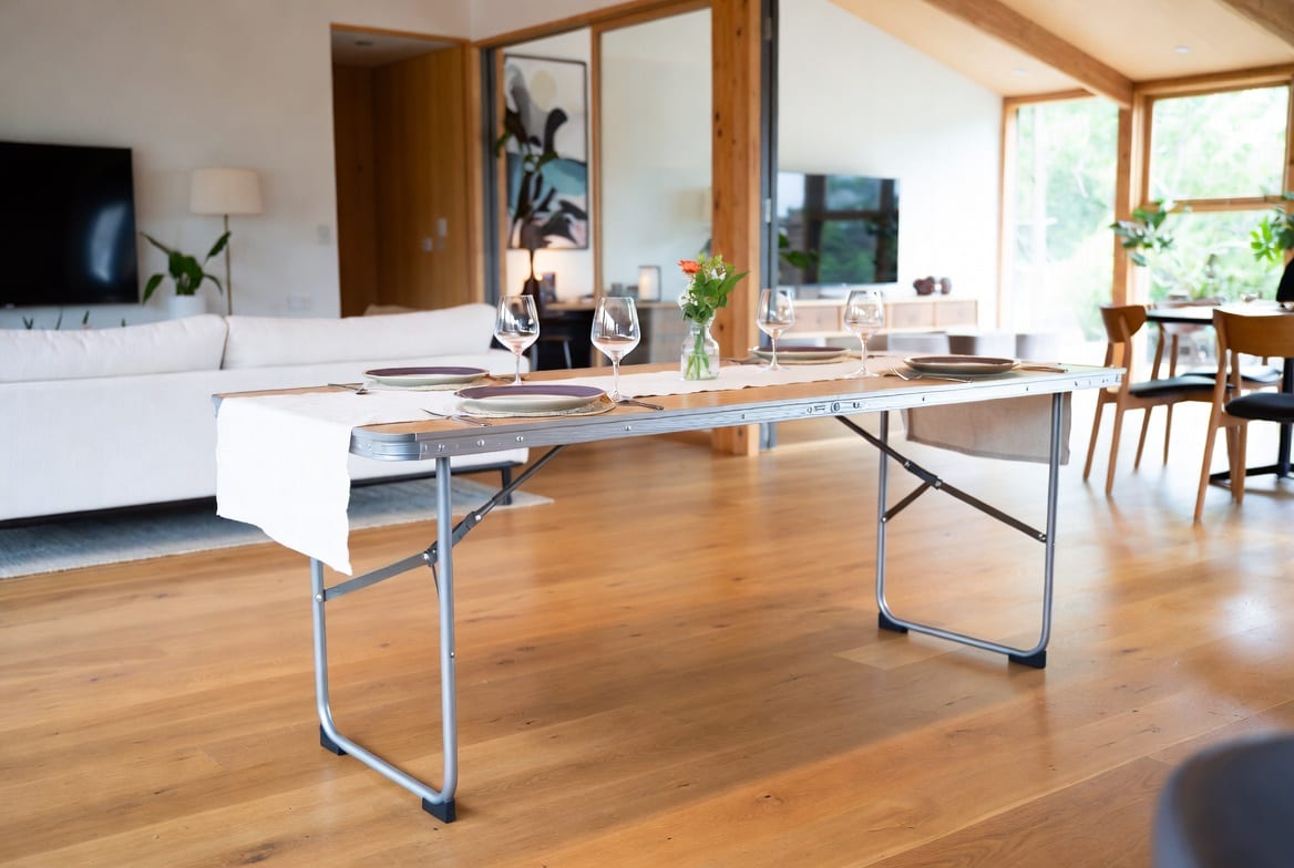 Folding table set up for a gathering in a Wellington home or community space