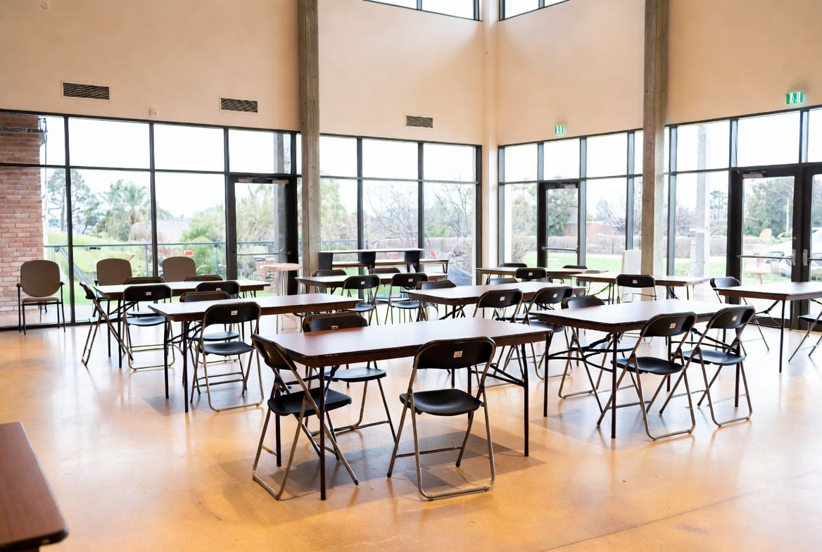 Folding tables set up for an event or gathering in a Christchurch venue