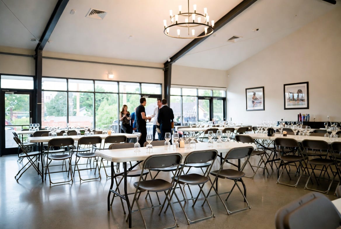 Event setup with folding tables showing proper spacing and guest comfort in NZ venue