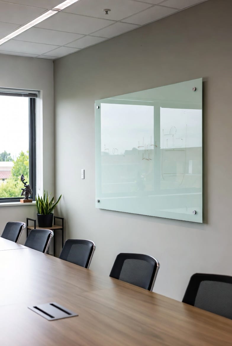 Clean glass whiteboard with writing in bright modern office setting