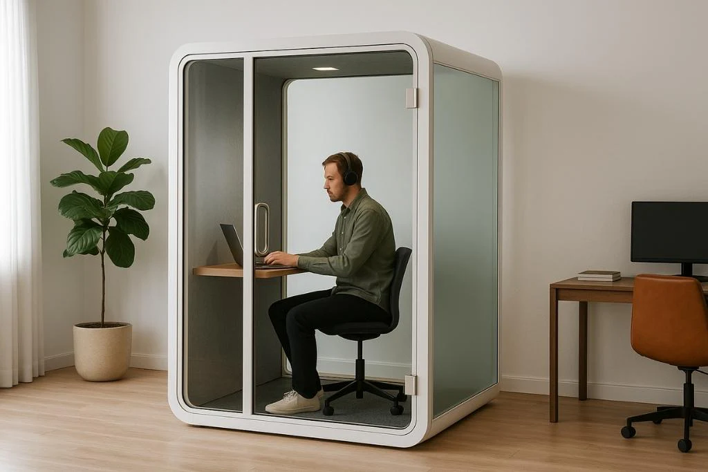 Professional using a low back office chair for focused computer work in a compact office