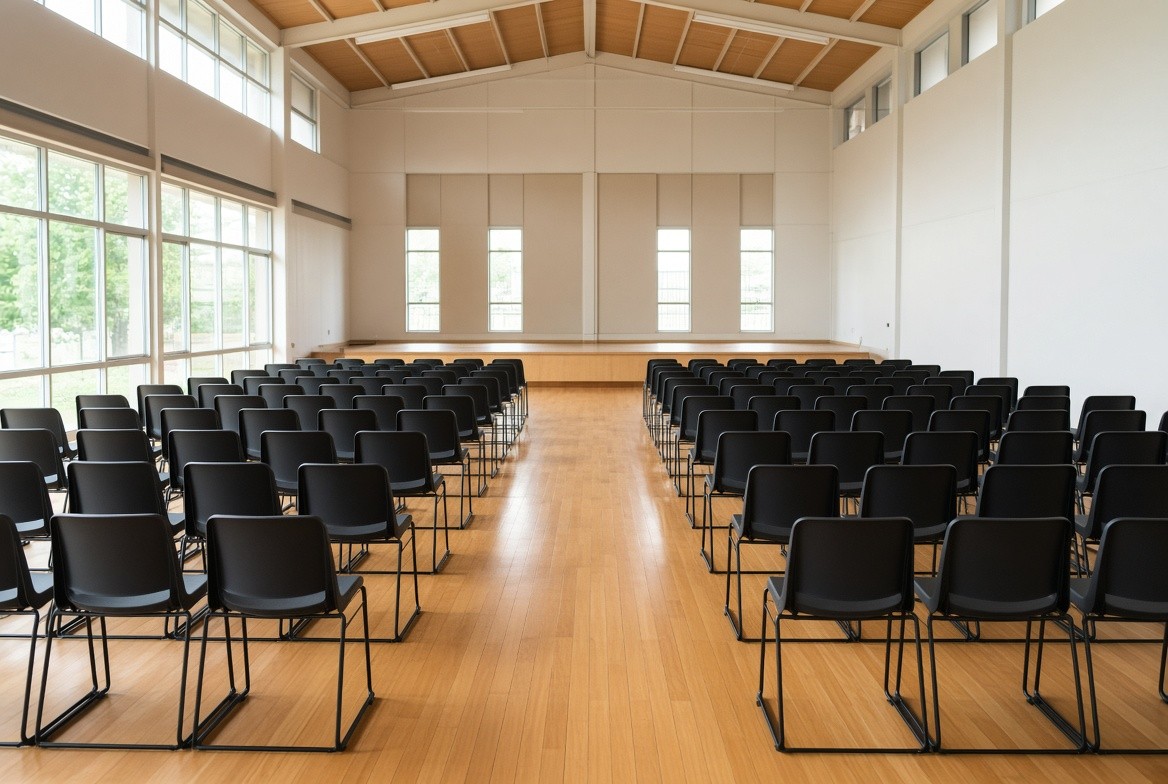 Rows of commercial stacking chairs set out in a New Zealand school hall