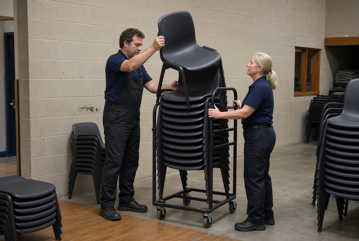 Staff stacking stacking chairs onto a trolley after a school event
