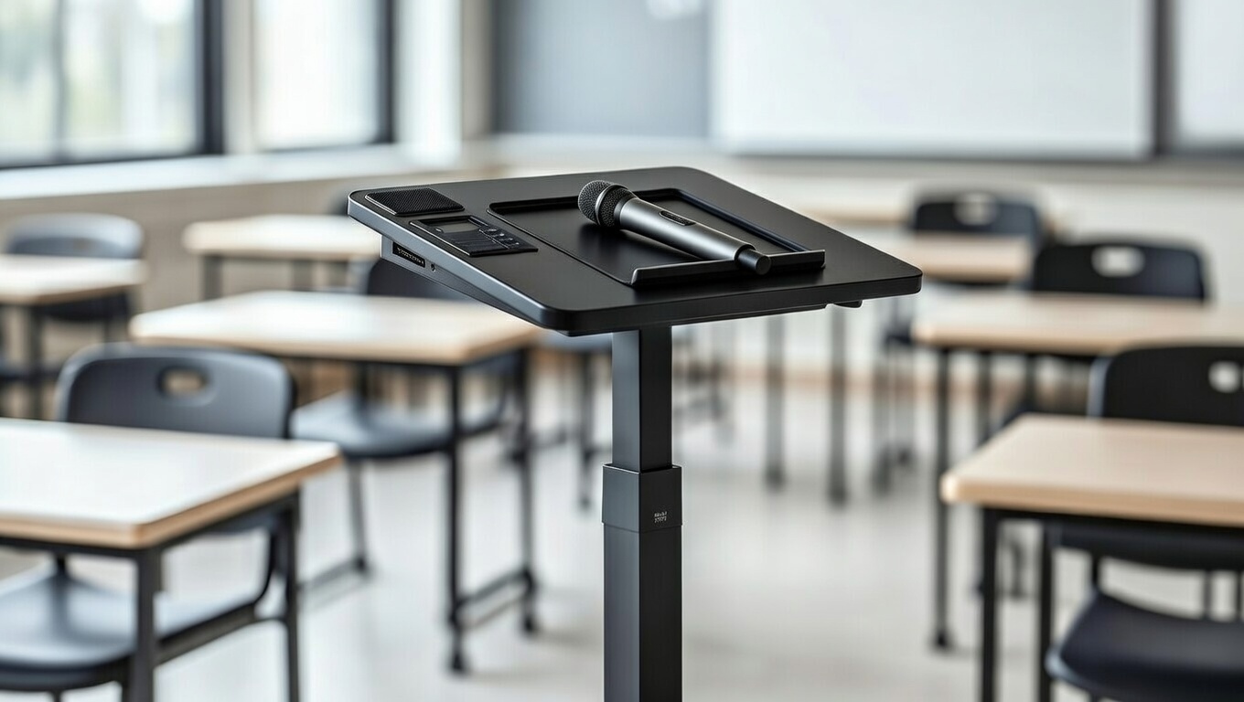 Modern lectern NZ in a school classroom setting for presentations and lectures