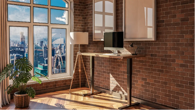 modern standing desk workplace in daylight with downtown skyline home office