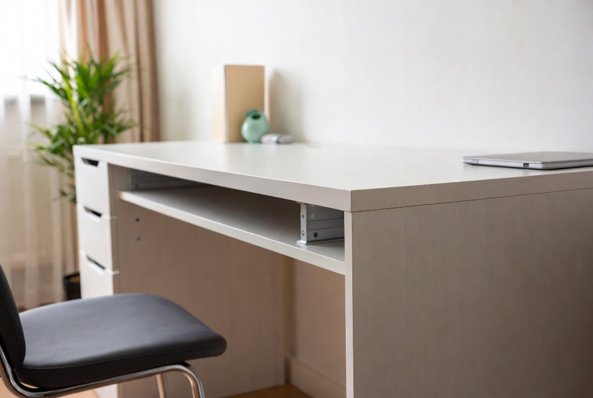 Small space-friendly study desk with tidy storage in a compact room