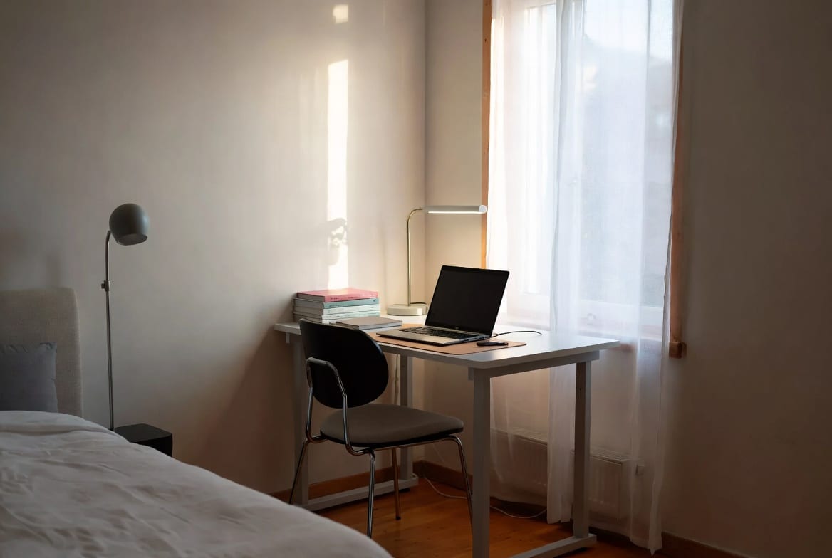 Compact study desk setup in a small New Zealand bedroom or home office