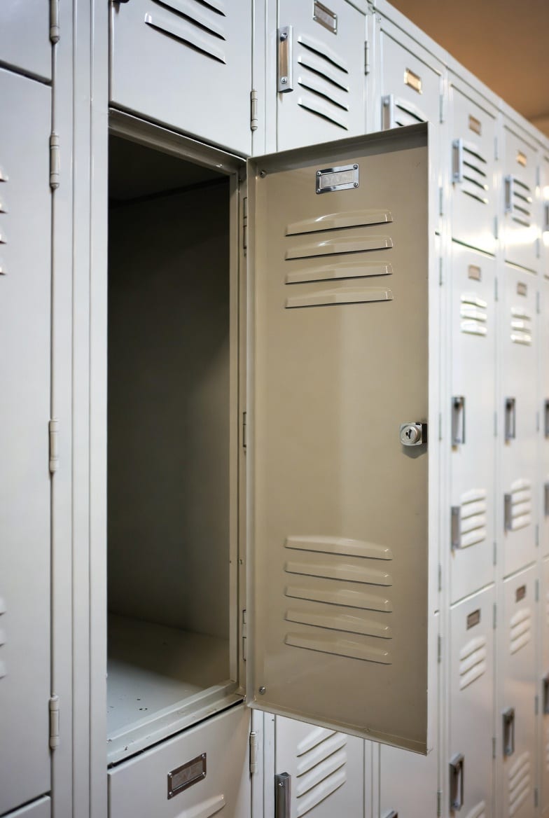 Open laundry locker compartment showing ventilation and secure design