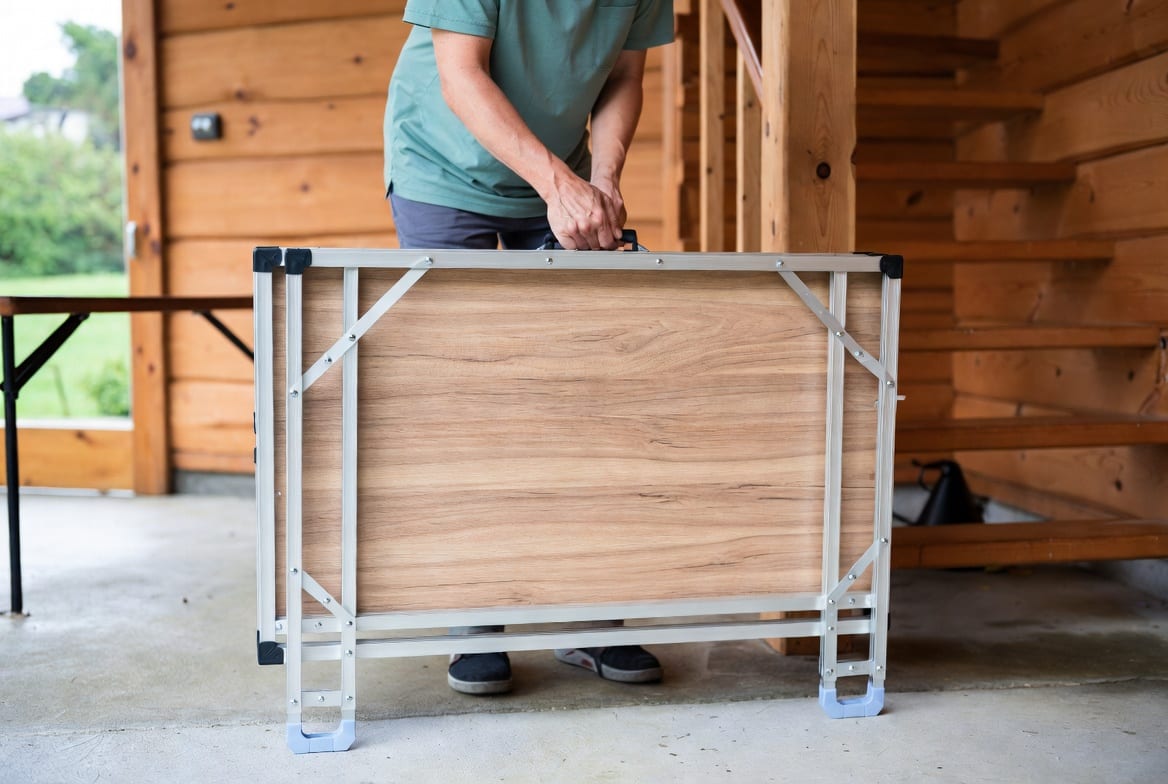 Person carrying and setting up a lightweight folding table in NZ