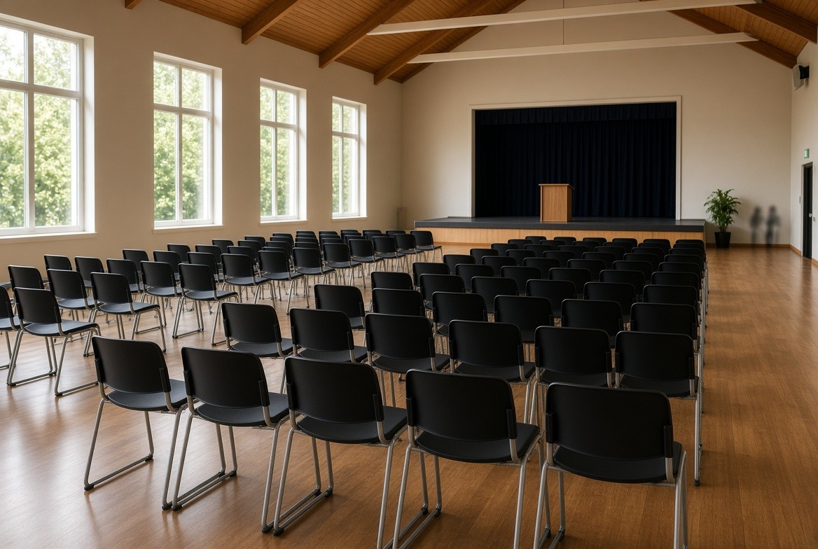Linked stackable chairs set in neat rows in a New Zealand hall