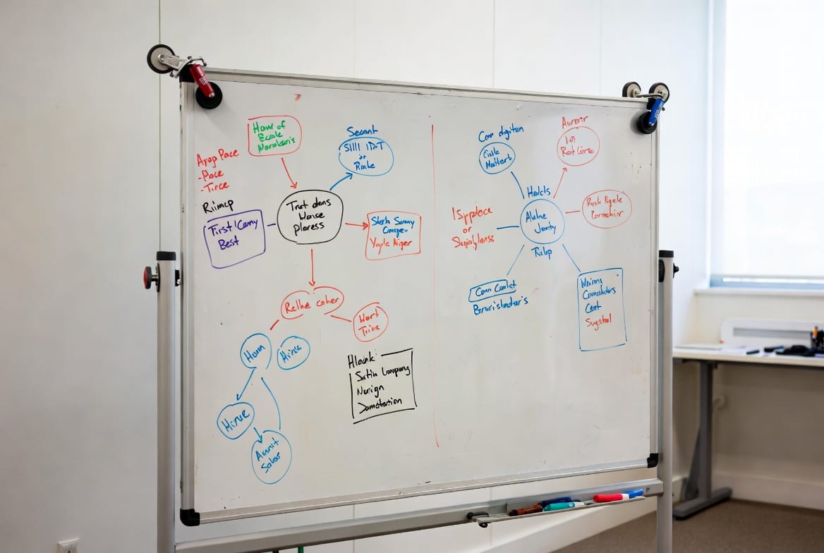 Mobile whiteboard being used in a creative workshop or meeting room in NZ workplace